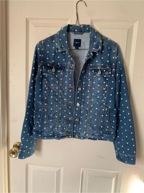 GAP stretchy Blue Denim Jacket with White Polka Dots